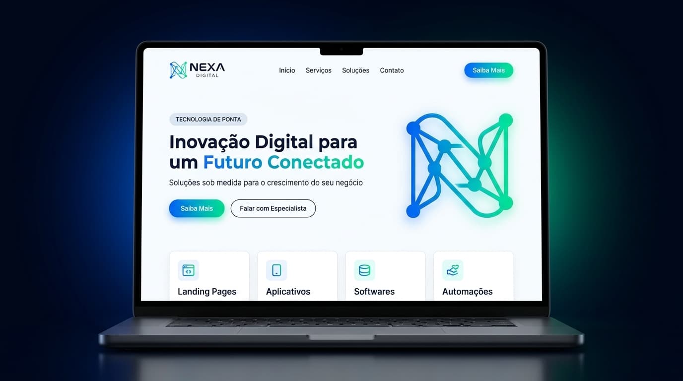 Notebook moderno aberto exibindo na tela clara o site institucional da NEXA DIGITAL com a logo oficial, cabeçalho, apresentação e serviços de Landing Pages, Aplicativos, Softwares e Automações